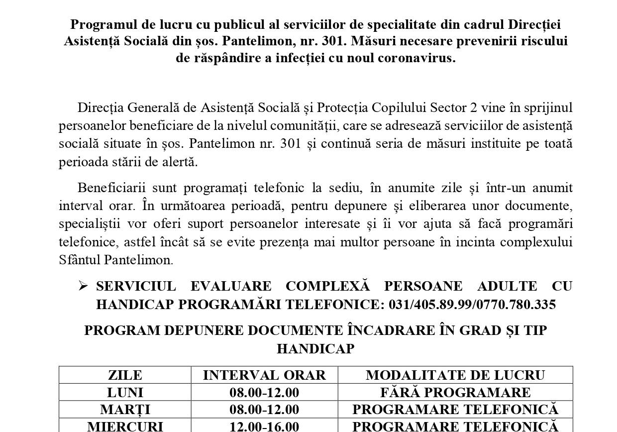 Programul de lucru cu publicul al serviciilor de specialitate din cadrul Direcției de Asistență Socială din șos. Pantelimon, nr. 301