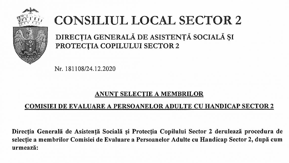 Anunț selecție a membrilor Comisiei de evaluare a persoanelor adulte cu handicap Sector 2