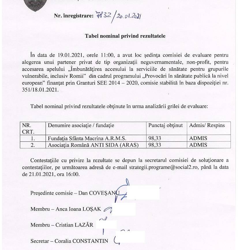 ANUNȚ! Rezultat Selectie Partener Privat