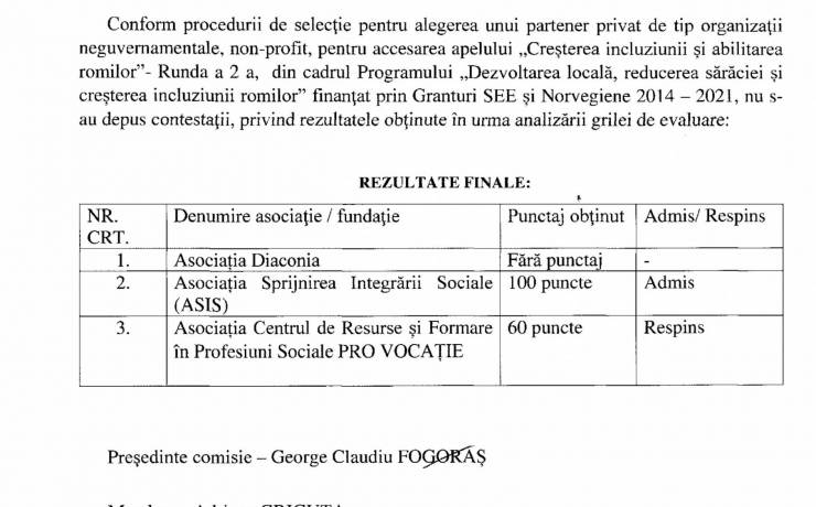 Rezultatele finale privind procedura de selectiei a unui partener in cadrul apelului: ”Creșterea incluziunii și abilitarea romilor, runda a 2– a din cadrul Programului ”Dezvoltare locală, reducerea sărăciei şi creşterea incluziunii romilor”,finanţat din Granturile SEE şi Norvegiene 2014-2021