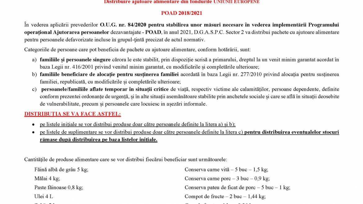 ANUNȚ – Distribuire ajutoare alimentare din fondurile UNIUNII EUROPENE POAD 2018/2021