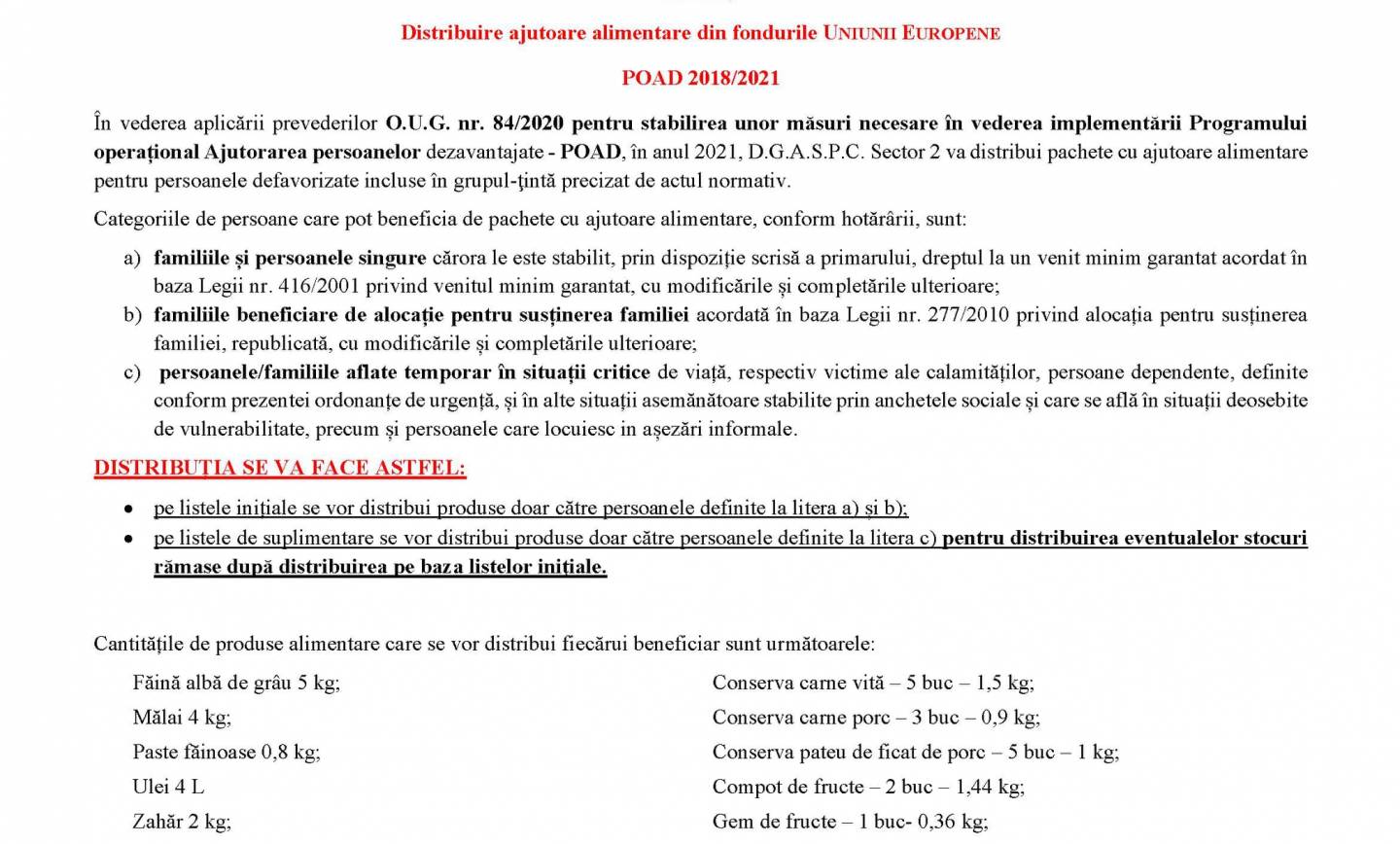 ANUNȚ – Distribuire ajutoare alimentare din fondurile UNIUNII EUROPENE POAD 2018/2021