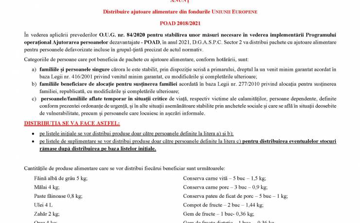 ANUNȚ – Distribuire ajutoare alimentare din fondurile UNIUNII EUROPENE POAD 2018/2021