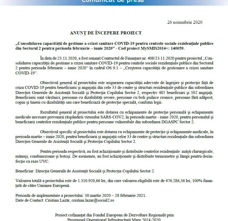 Consolidarea capacităţii de gestiune a crizei sanitare COVID-19 pentru centrele sociale rezidenţiale publice din Sectorul 2 pentru perioada februarie – iunie 2020