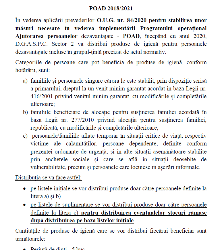 ANUNȚ! Distribuire produse de igienă din fondurile UNIUNII EUROPENE POAD 2018/2021