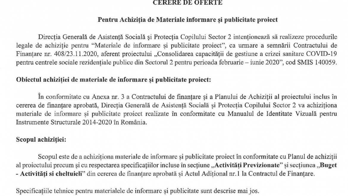 Cerere de oferte pentru achizitia de materiale informare si publicitate proiect