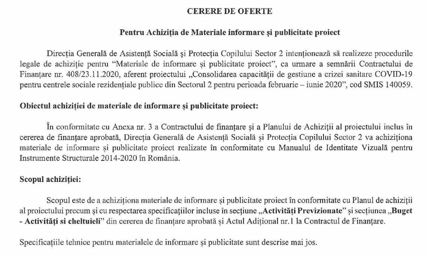 Cerere de oferte pentru achizitia de materiale informare si publicitate proiect