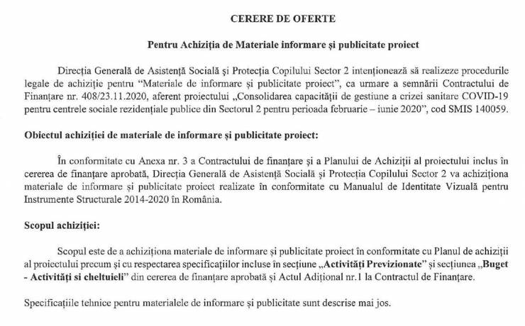 Cerere de oferte pentru achizitia de materiale informare si publicitate proiect