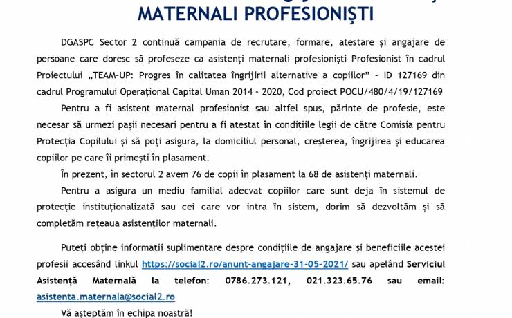 În atenția persoanelor care doresc sa devina ASISTENT MATERNAL PROFESIONIST