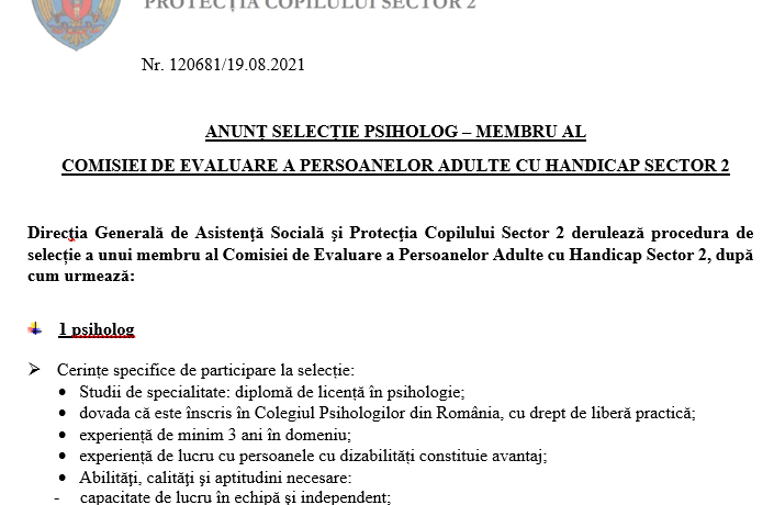 Anunțului de selecție a unui psiholog, membru al Comisiei de Evaluare a Persoanelor Adulte cu Handicap Sector 2