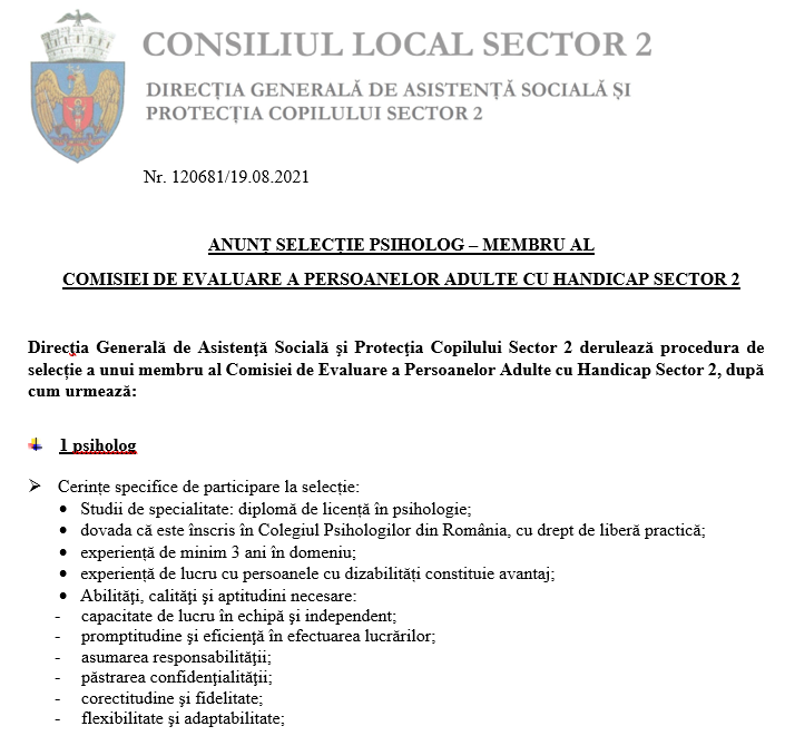 Anunțului de selecție a unui psiholog, membru al Comisiei de Evaluare a Persoanelor Adulte cu Handicap Sector 2