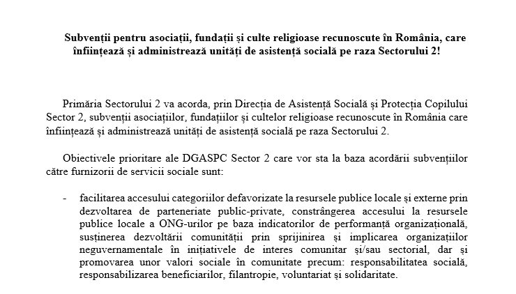 ANUNȚ privind demararea procedurii de selecție a asociațiilor, fundațiilor și cultelor religioase pentru a primi subvenții pentru servicii sociale de la bugetul de local al Sectorului 2 pentru anul 2022