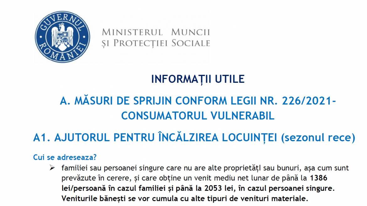 ANUNȚ PRIVIND MĂSURI DE SPRIJIN CONFORM LEGII NR. 226/2021-CONSUMATORUL VULNERABIL 2021