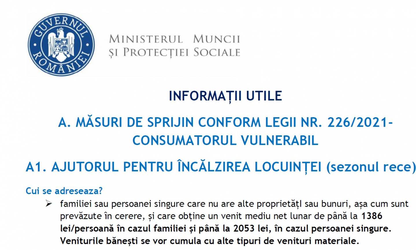 ANUNȚ PRIVIND MĂSURI DE SPRIJIN CONFORM LEGII NR. 226/2021-CONSUMATORUL VULNERABIL 2021