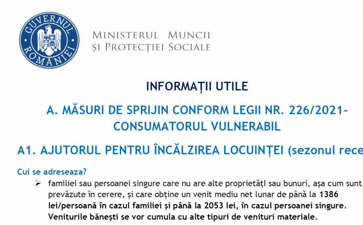 ANUNȚ PRIVIND MĂSURI DE SPRIJIN CONFORM LEGII NR. 226/2021-CONSUMATORUL VULNERABIL 2021