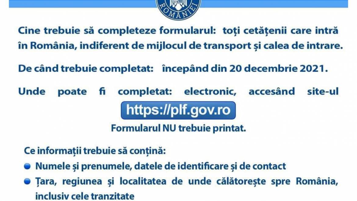 Formularul digital pentru intrarea în Romania!