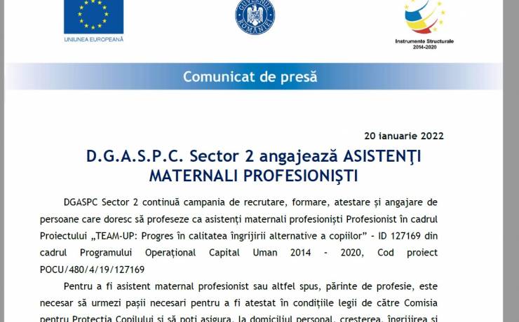 D.G.A.S.P.C. Sector 2 angajează ASISTENŢI  MATERNALI PROFESIONIŞTI