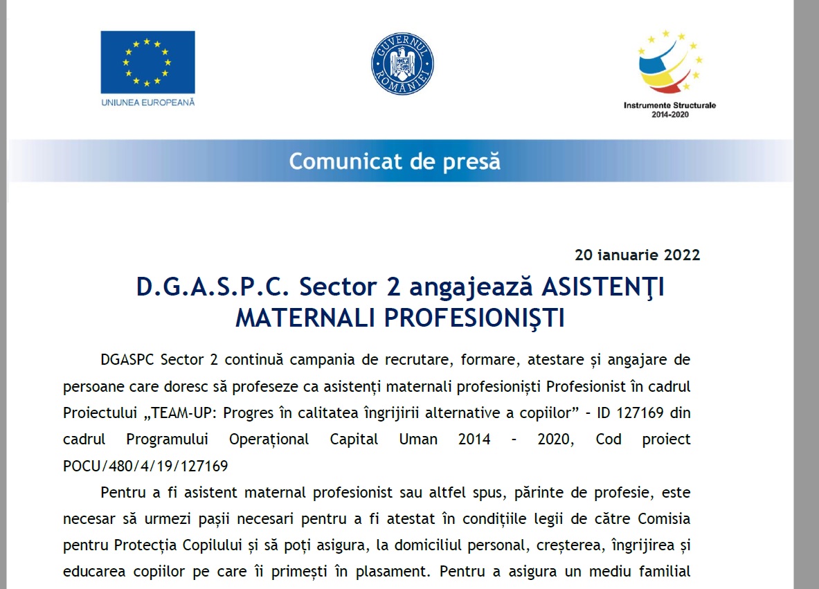 D.G.A.S.P.C. Sector 2 angajează ASISTENŢI  MATERNALI PROFESIONIŞTI