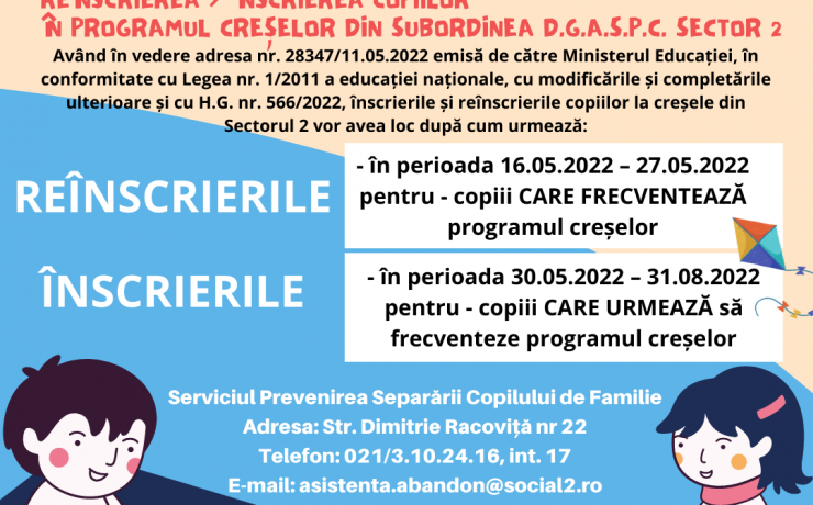 ANUNȚ – reînscrierea / înscrierea copiilor  în programul creșelor din subordinea D.G.A.S.P.C. Sector 2