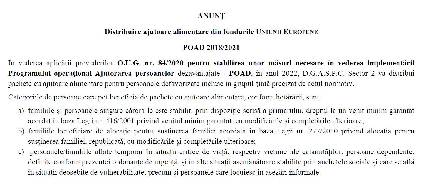 Distribuire ajutoare alimentare din fondurile UNIUNII EUROPENE POAD 2018/2021