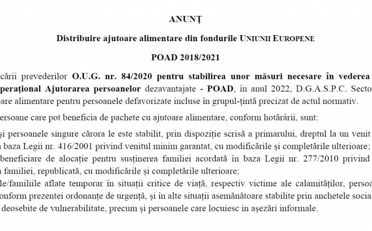 Distribuire ajutoare alimentare din fondurile UNIUNII EUROPENE POAD 2018/2021