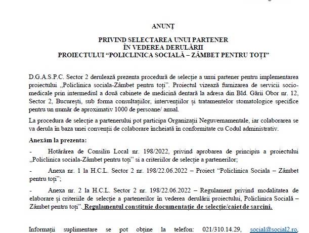 ANUNȚ – PRIVIND SELECTAREA UNUI PARTENER  ÎN VEDEREA DERULĂRII PROIECTULUI “POLICLINICA SOCIALĂ – ZÂMBET PENTRU TOȚI”