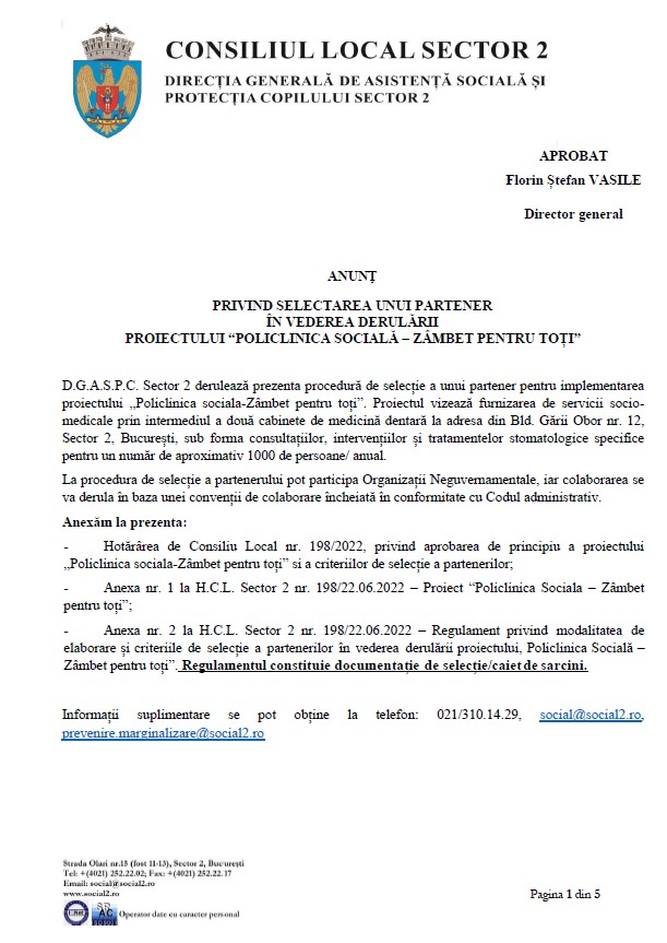 ANUNȚ – PRIVIND SELECTAREA UNUI PARTENER  ÎN VEDEREA DERULĂRII PROIECTULUI “POLICLINICA SOCIALĂ – ZÂMBET PENTRU TOȚI”