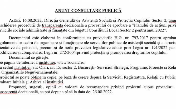 ANUNȚ CONSULTARE PUBLICĂ