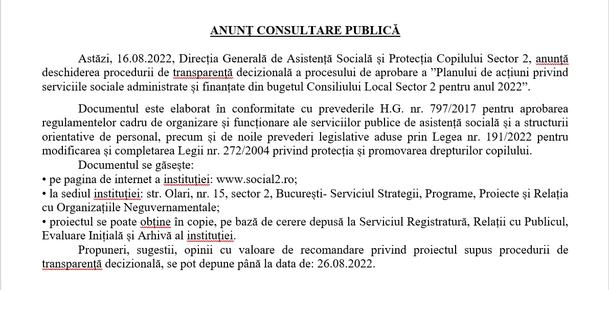 ANUNȚ CONSULTARE PUBLICĂ