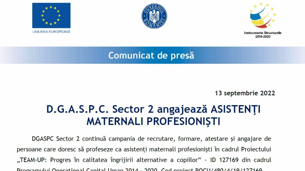 D.G.A.S.P.C. Sector 2 angajează asistenţi maternali profesionişti în cadrul  Proiectului „TEAM-UP: Progres în calitatea îngrijirii alternative a copiilor”