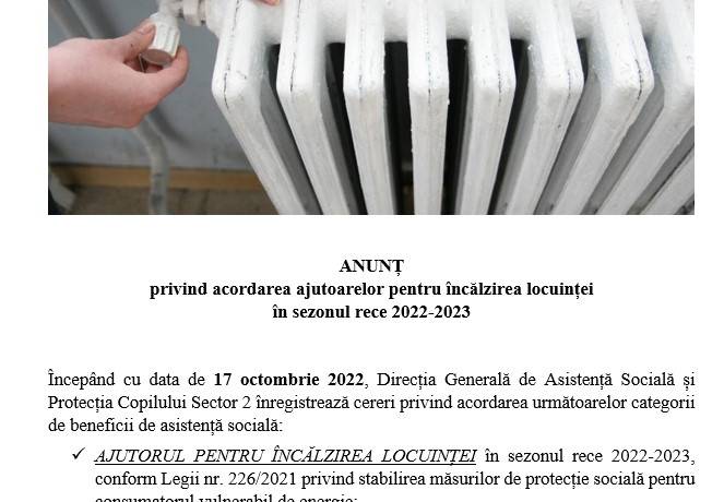 Acordarea ajutoarelor pentru incalzirea locuintei in sezonul rece 2022-2023