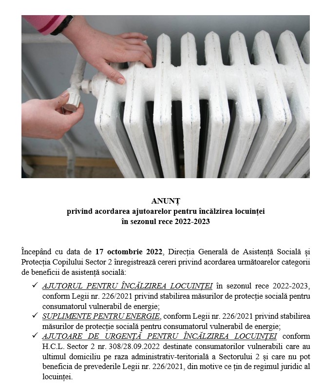 Acordarea ajutoarelor pentru incalzirea locuintei in sezonul rece 2022-2023