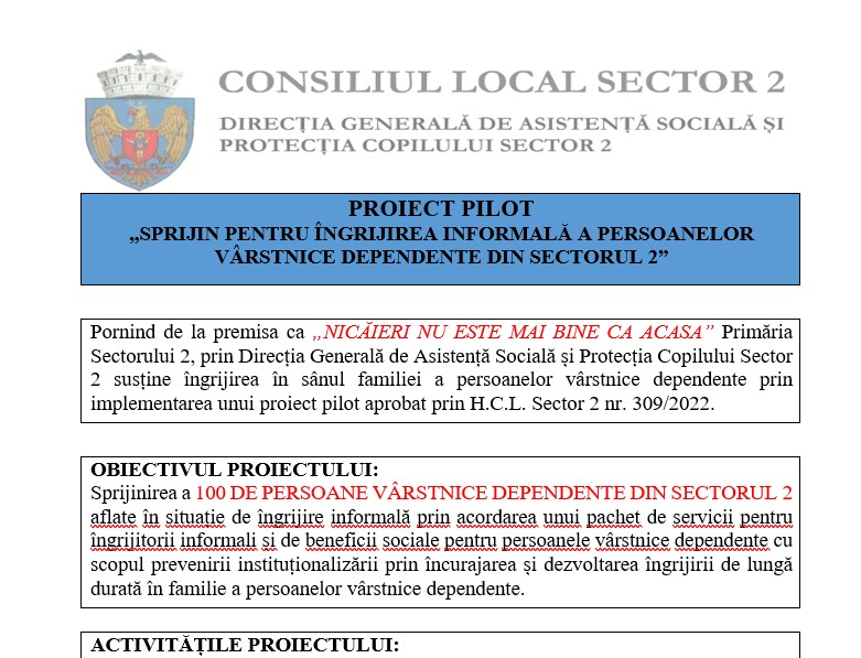 Sprijin pentru îngrijirea informală a persoanelor vârstnice dependente din Sectorul 2