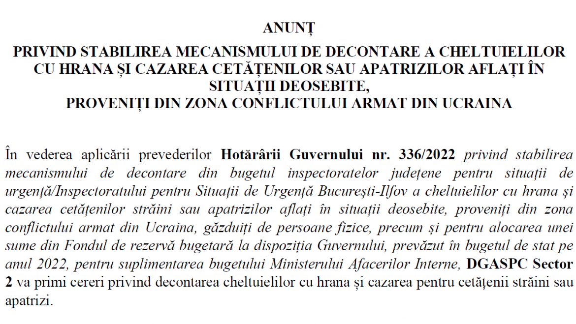   ANUNȚ  PRIVIND STABILIREA MECANISMULUI DE DECONTARE A CHELTUIELILOR CU HRANA ȘI CAZAREA CETĂȚENILOR SAU APATRIZILOR AFLAȚI ÎN SITUAȚII DEOSEBITE,  PROVENIȚI DIN ZONA CONFLICTULUI ARMAT DIN UCRAINA