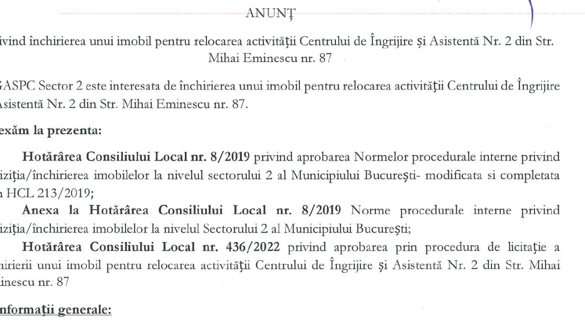Anunțul privind închirierea unui imobil pentru relocarea activității Centrului de Îngrijire și Asistentă Nr. 2 din Str. Mihai Eminescu nr. 87