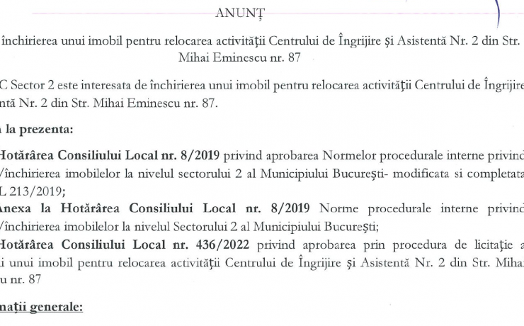 Anunțul privind închirierea unui imobil pentru relocarea activității Centrului de Îngrijire și Asistentă Nr. 2 din Str. Mihai Eminescu nr. 87