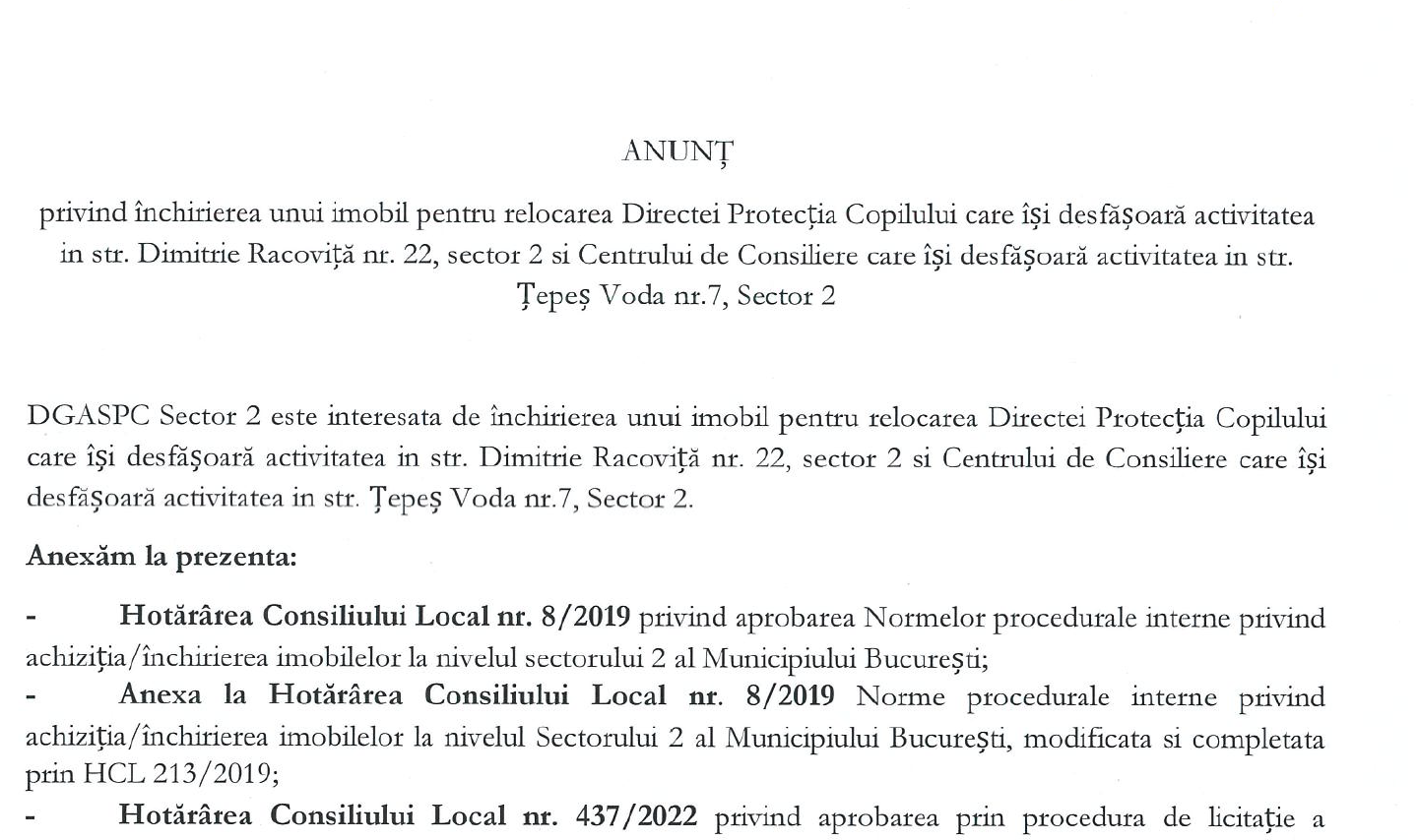 Anunțul privind închirierea unui imobil pentru relocarea Directei Protecția Copilului care își desfășoară activitatea in str. Dimitrie Racoviță nr. 22,