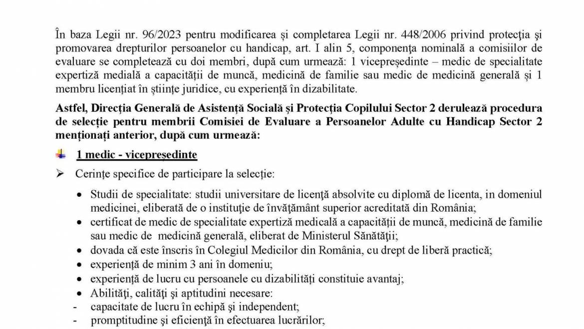 Procedură de selecție pentru membrii Comisiei de Evaluare a Persoanelor Adulte cu Handicap Sector 2