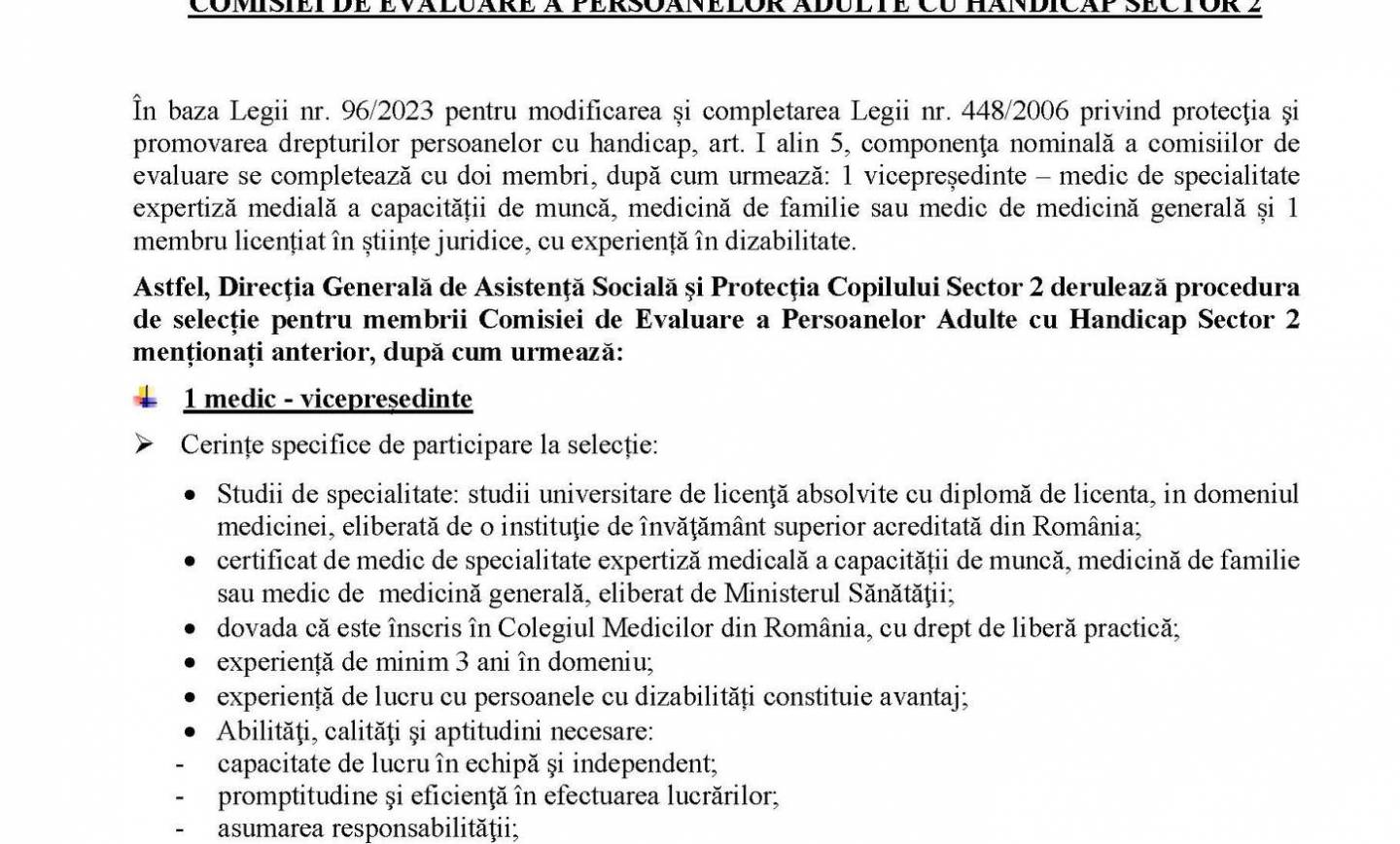 Procedură de selecție pentru membrii Comisiei de Evaluare a Persoanelor Adulte cu Handicap Sector 2