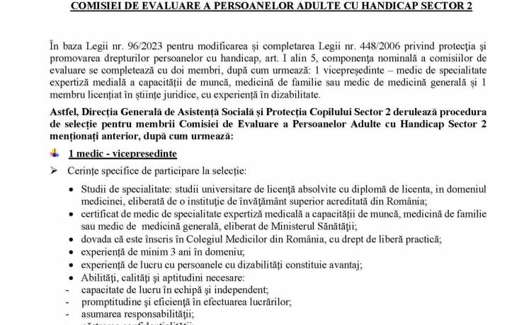 Procedură de selecție pentru membrii Comisiei de Evaluare a Persoanelor Adulte cu Handicap Sector 2
