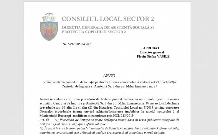 Anunt anulare licitatie inchiriere imobil pentru relocare CIA 2