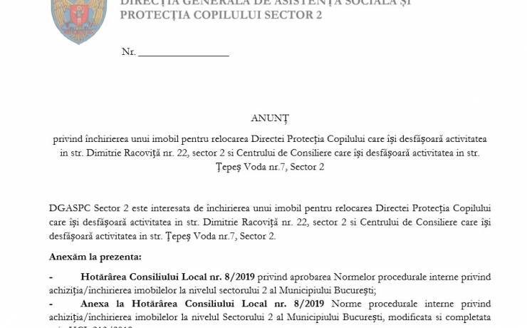 Anunt privind închirierea unui imobil pentru relocarea Directei Protecția Copilului