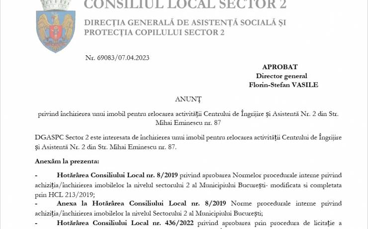 Anunt reluare licitatie inchiriere imobil pentru relocare CIA 2 din Str. Mihai Eminescu nr. 87