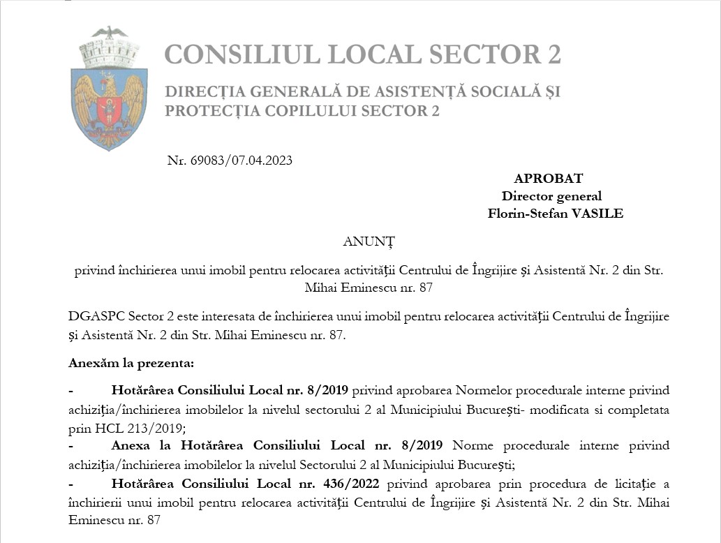 Anunt reluare licitatie inchiriere imobil pentru relocare CIA 2 din Str. Mihai Eminescu nr. 87