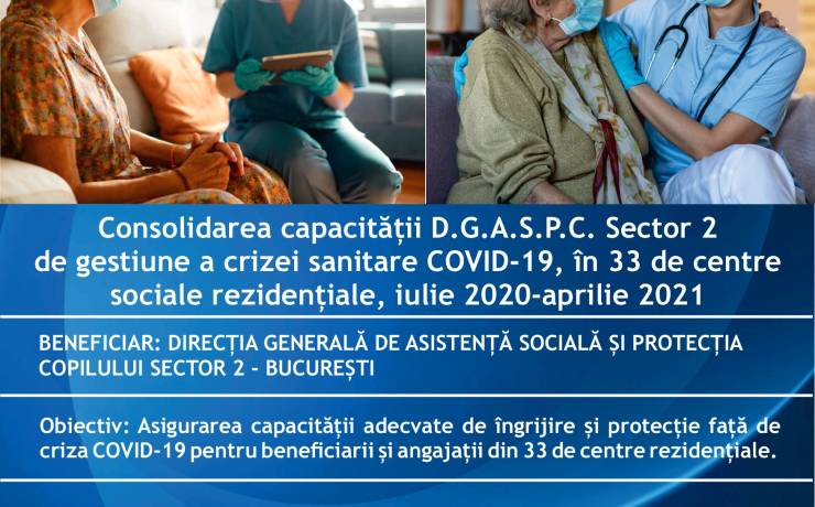 Anunț implementare proiect     „Consolidarea capacității D.G.A.S.P.C. Sector 2 de gestiune a crizei sanitare COVID-19 pentru beneficiarii și angajații din centrele sociale rezidențiale pentru perioada iulie 2020 – aprilie 2021” – Cod proiect MySMIS2014+:  141791