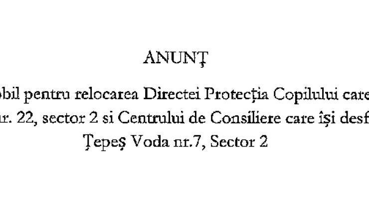 Procedura de negociere directa pentru „Închirierea unui imobil pentru relocarea activității Direcției Protecția Copilului care își desfășoară activitatea în str. Dimitrie Racoviță nr. 22 și Centrului de Consiliere care își desfășoară activitatea în str. Țepeș Vodă nr. 7”