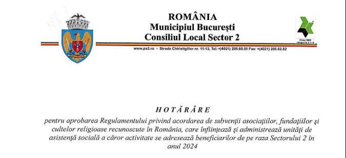 Anunț  privind acordarea de subvenții asociațiilor, fundațiilor și cultelor recunoscute în România, care înființează și administrează unități de asistență socială a căror activitate se adresează beneficiarilor de pe raza Sectorului 2 în anul 2024