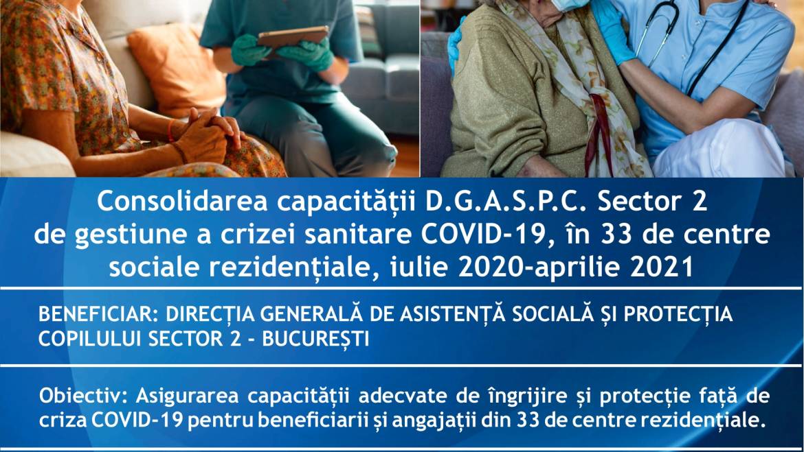 Anunț finalizare proiect – „Consolidarea capacității D.G.A.S.P.C. Sector 2 de gestiune a crizei sanitare COVID-19 pentru beneficiarii și angajații din centrele sociale rezidențiale pentru perioada iulie 2020 – aprilie 2021” – Cod proiect MySMIS2014+:  141791