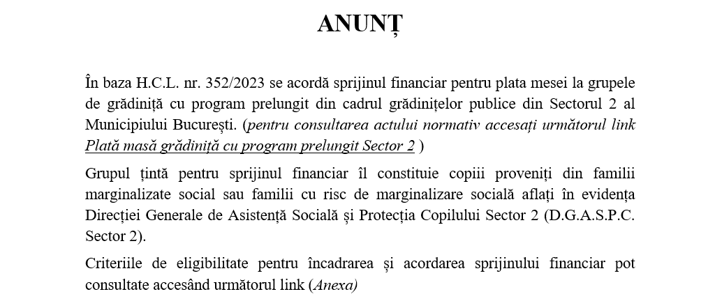 Anunț – „sprijin financiar pentru plata mesei la grupele de grădiniță cu program prelungit din cadrul grădinițelor publice Sector 2” – În baza H.C.L. nr. 352/2023