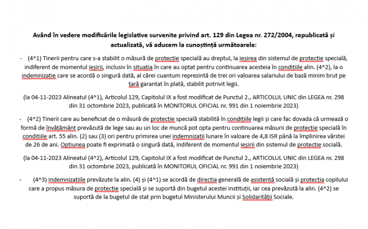 Legea nr. 272 din anul 2004  art. 129 republicată și actualizată privind modificările legislative